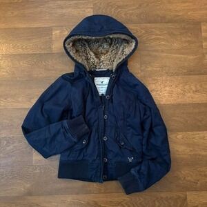 Vintage Y2K Mall Core Style American Eagle Fur Lined Hood Canvas Jacket Sz S